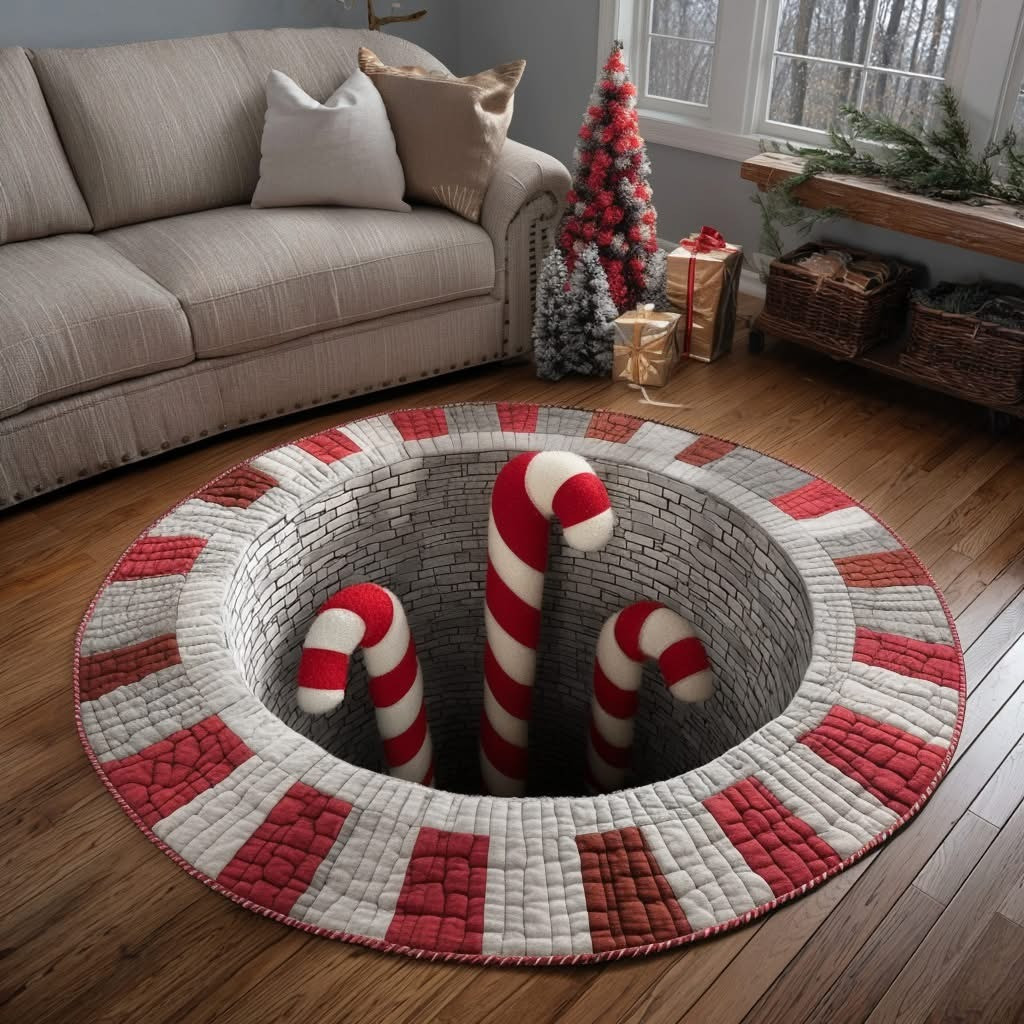 Candy Cane Pit Quilted Round Mat Cute Christmas Home Decoration Xmas Gift Ideas - Tradiviet