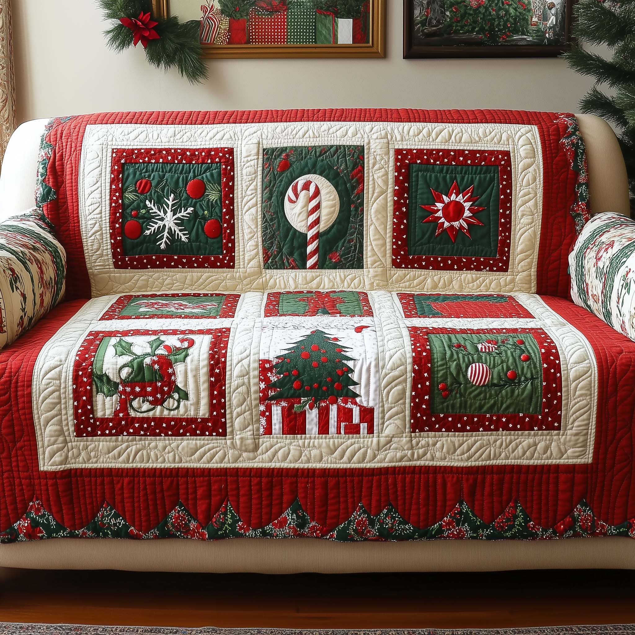 Candy Cane Quilted Sofa Cover Christmas Home Couch Cover Trendy Room Decor Gifts - Tradiviet
