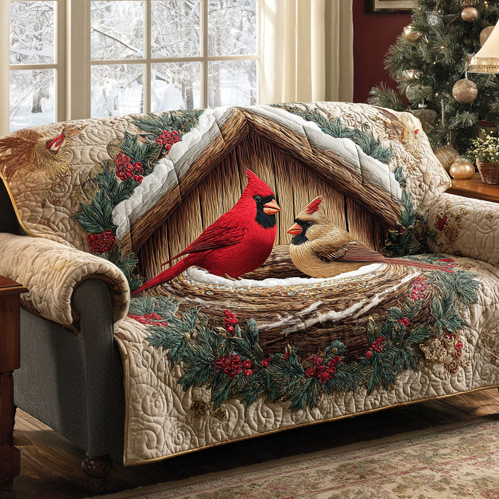 Cardinal Cottage Quilted Sofa Cover Holiday Couch Covers Red Cardinal Memorial Gift - Tradiviet
