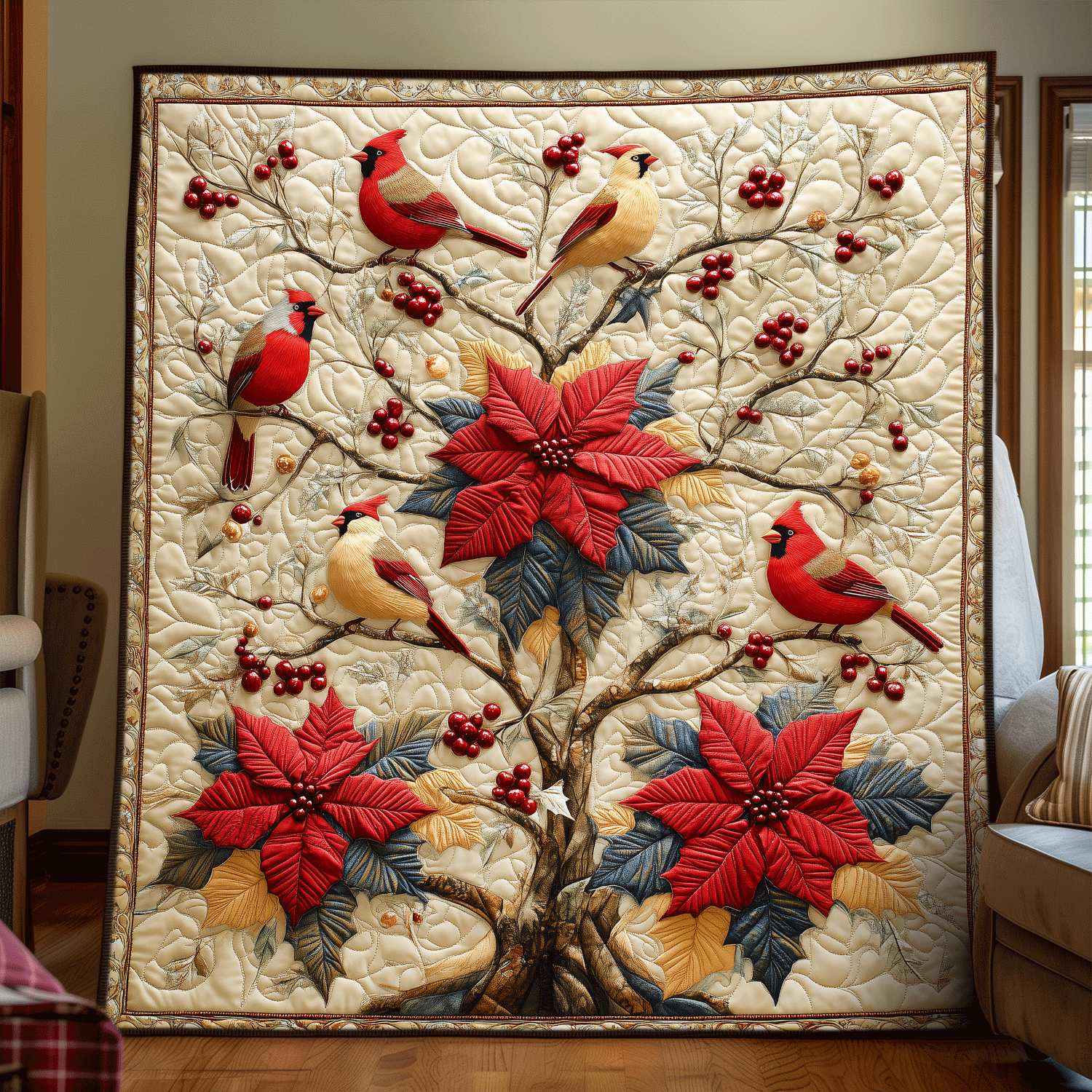 Cardinal Family Quilted Blanket Indoor Holiday Decorations Gift For Her - Tradiviet