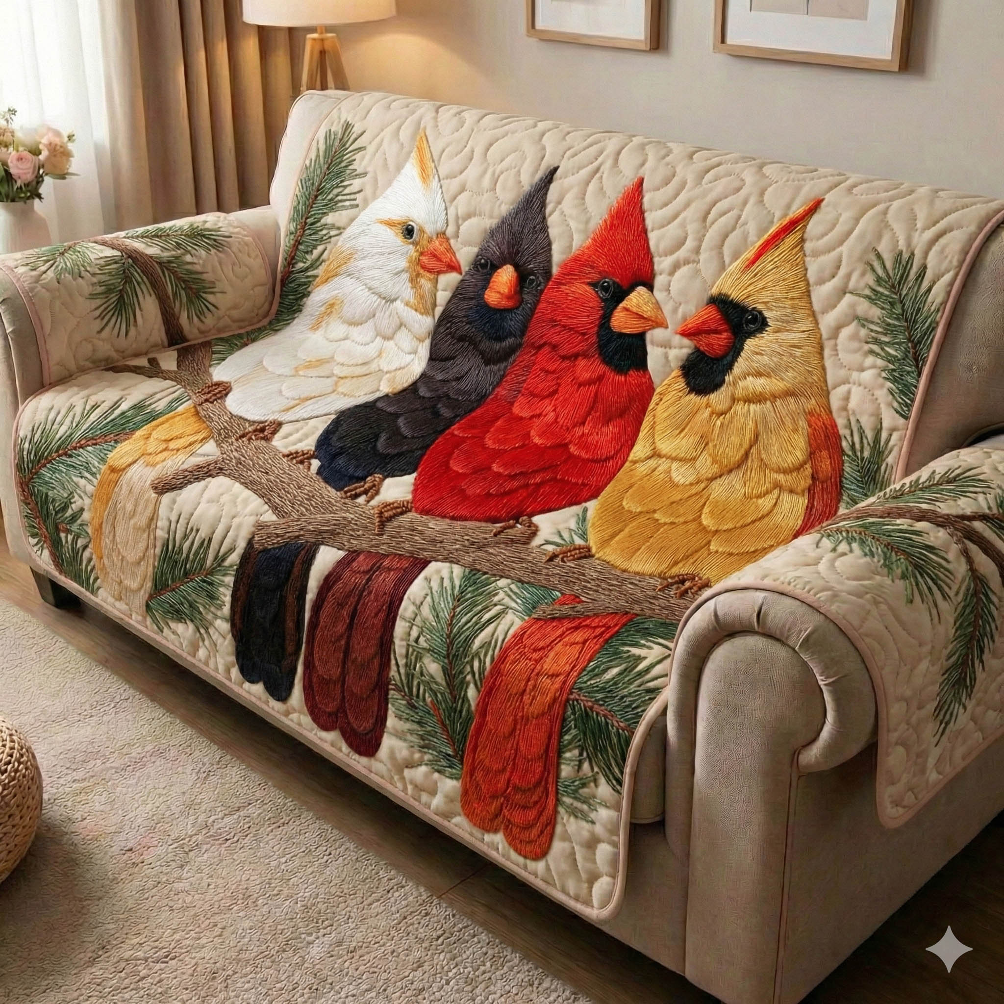 Cardinal Gang Quilted Sofa Cover Bird Home Couch Cover Gift For Home Decor - Tradiviet