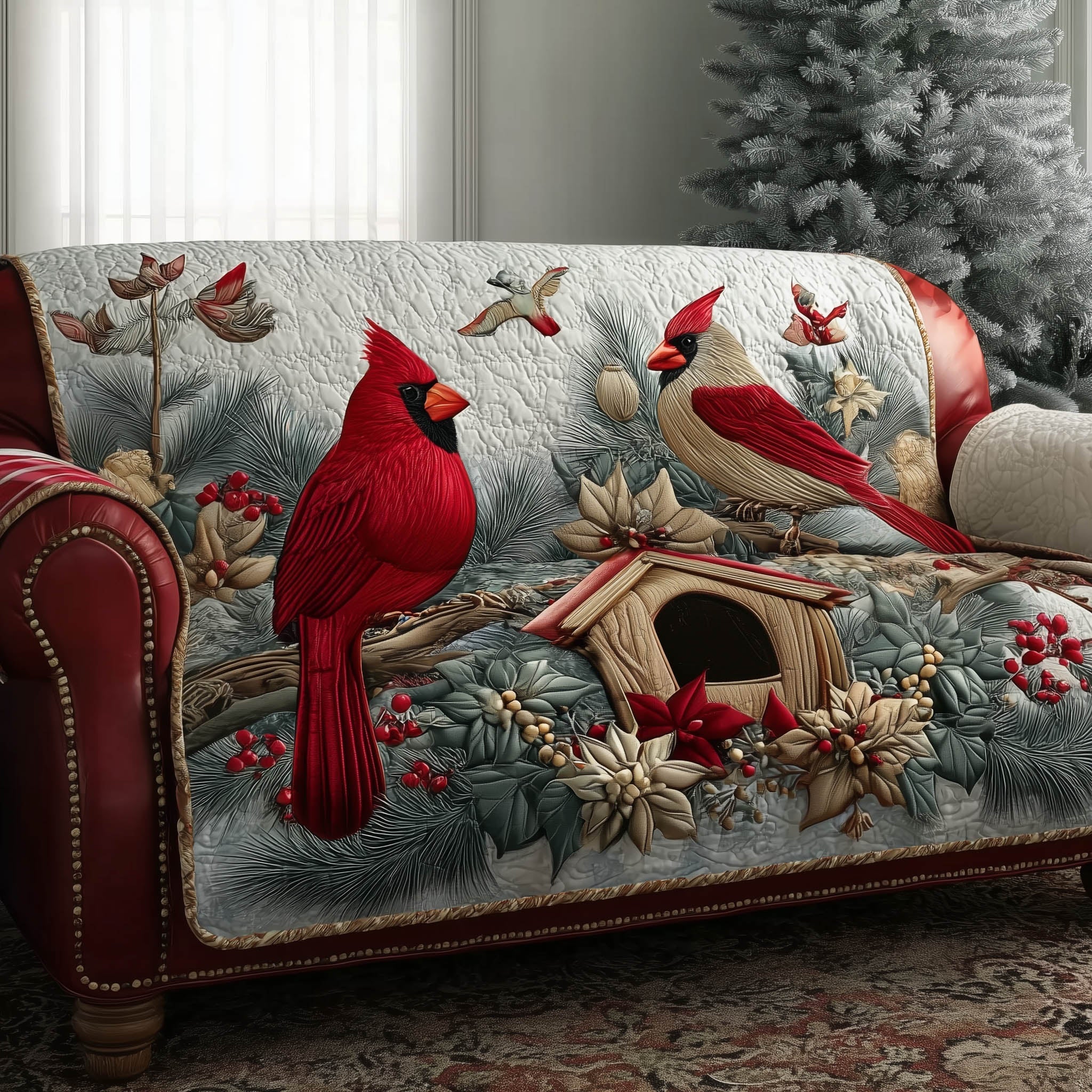 Cardinal Nest Quilted Sofa Cover Bird Home Couch Cover Presents For New Home - Tradiviet