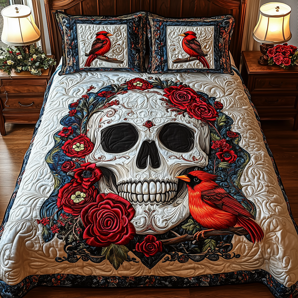 Cardinal Skull Quilted Bedding Set Cardinal Skull Finish Gift For Cardinal Lovers - Tradiviet