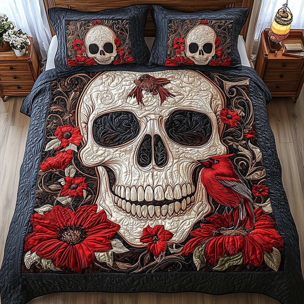 Cardinal Skull Quilted Bedding Set Cardinal Skull Grace Gift For Cardinal Fans - Tradiviet