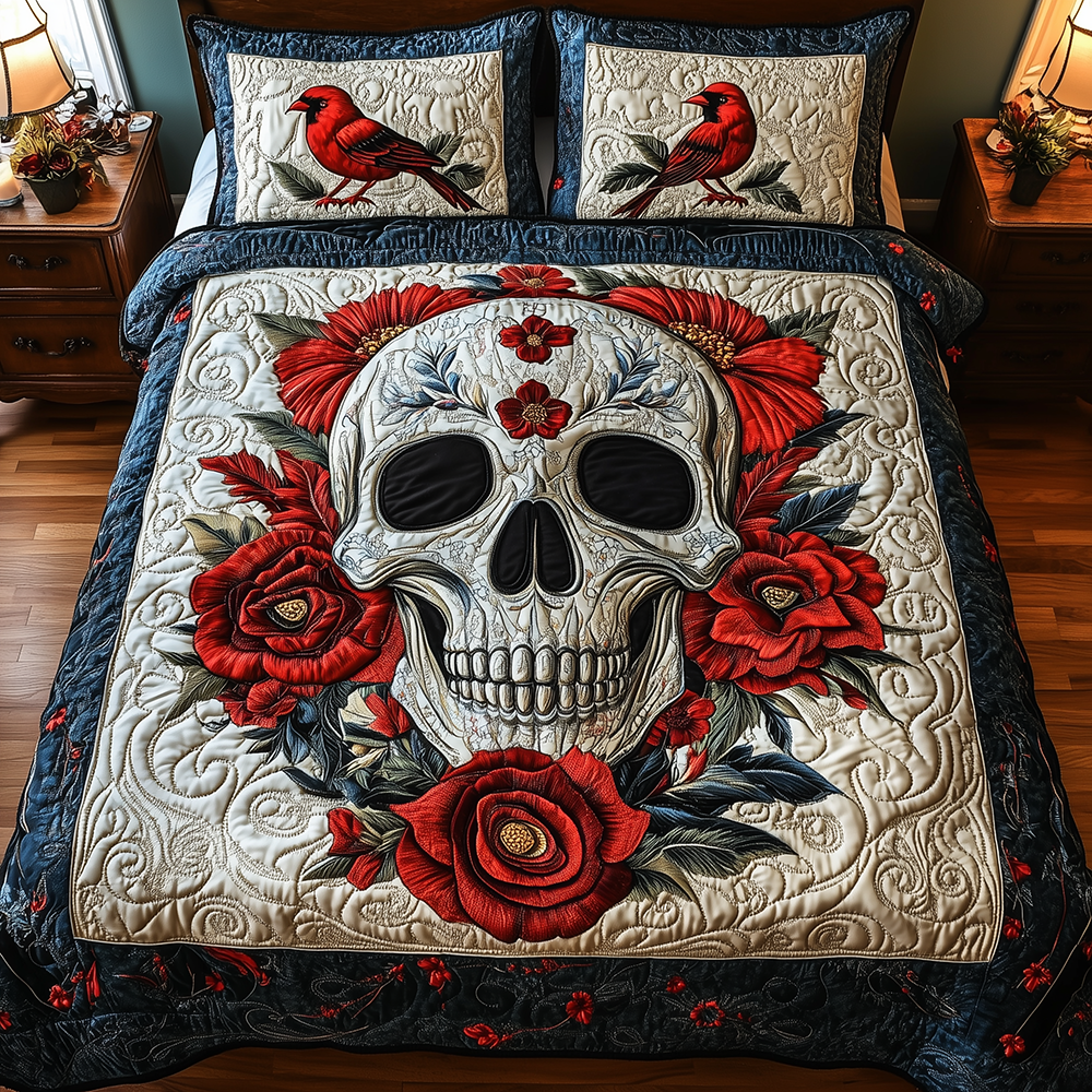 Cardinal Skull Quilted Bedding Set Cardinal Skull Holiday Gift For Cardinal Wife - Tradiviet