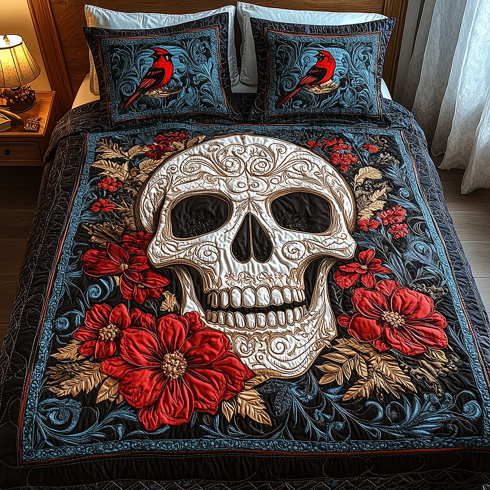 Cardinal Skull Quilted Bedding Set Cardinal Skull Impression Gift For Cardinal Skull - Tradiviet