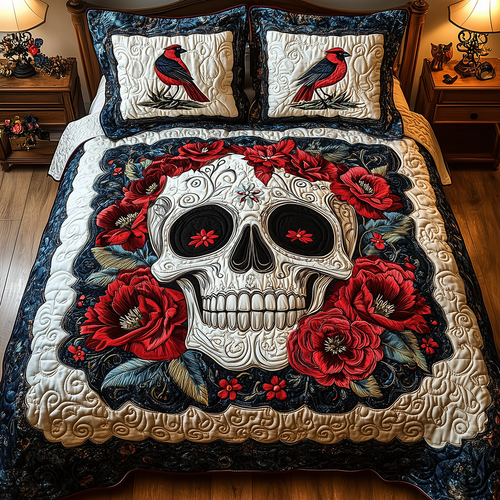Cardinal Skull Quilted Bedding Set Cardinal Skull Nook Gift For Cardinal Family - Tradiviet