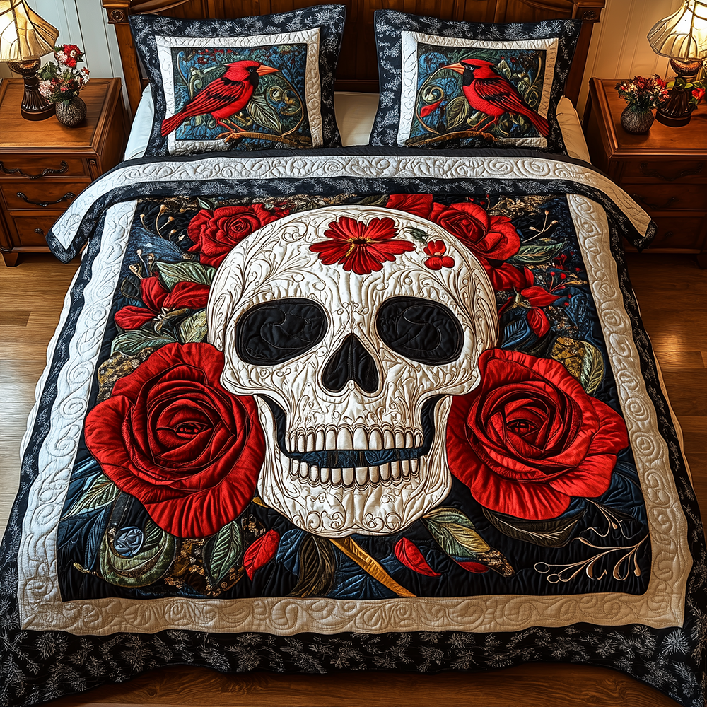 Cardinal Skull Quilted Bedding Set Cardinal Skull Tapestry Gift For Cardinal Dad - Tradiviet