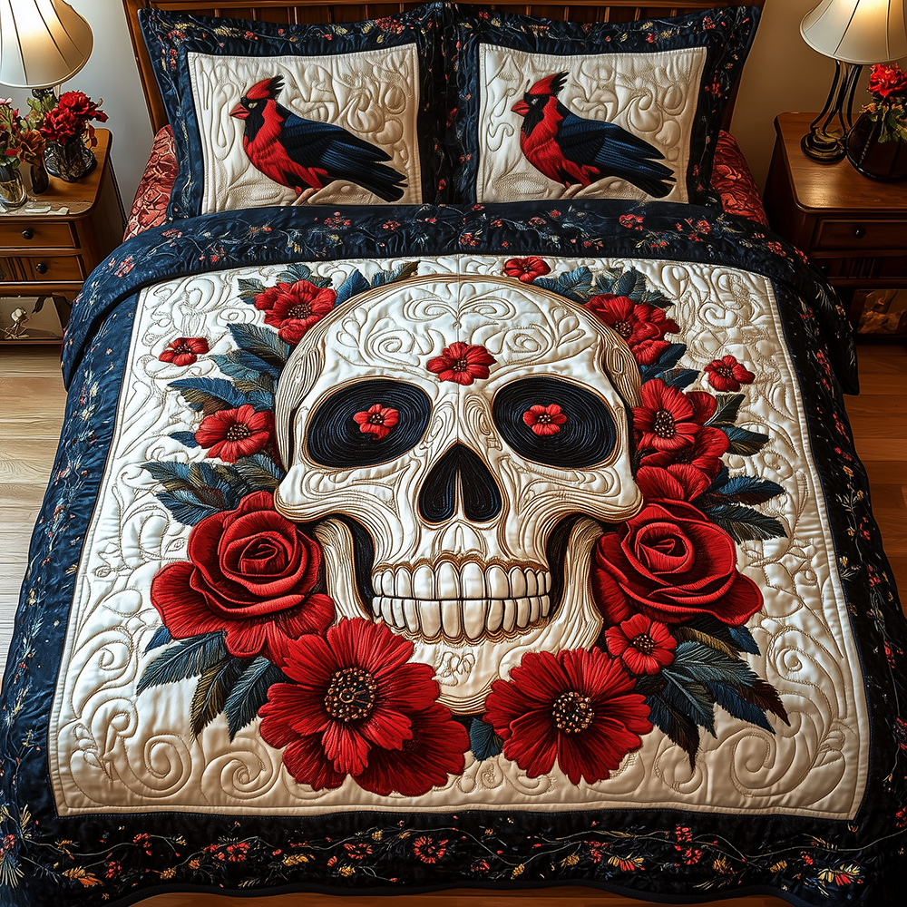 Cardinal Skull Quilted Bedding Set Cardinal Skull Wildlife Gift For Cardinal Husband - Tradiviet