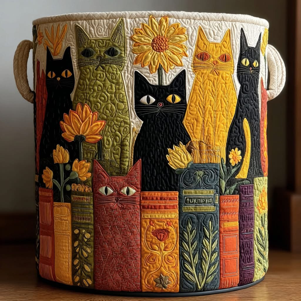 Cat And Book Quilted Laundry Basket Cute Animal Laundry Basket Gifts For Book Lovers - Tradiviet
