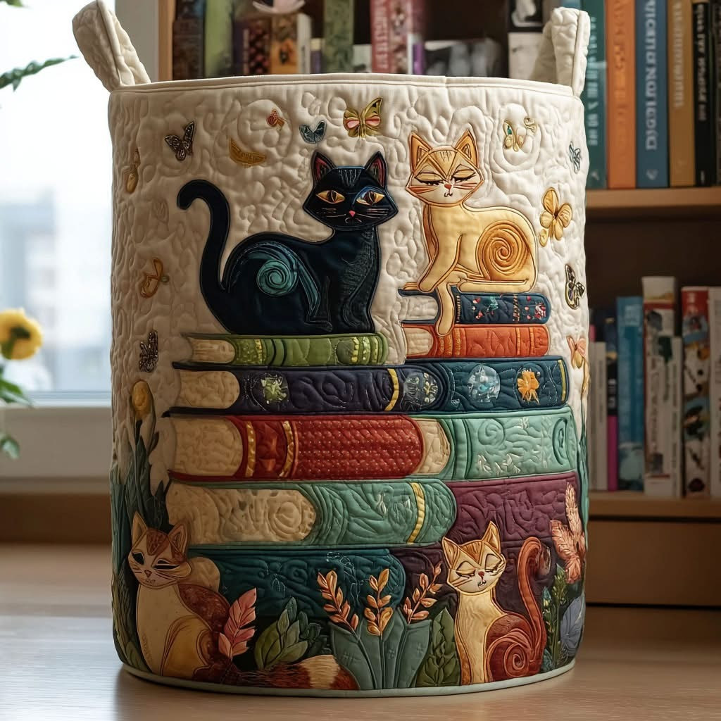 Cat And Books Quilted Laundry Basket Cat Lovers Hamper Basket Presents For Bookworm - Tradiviet