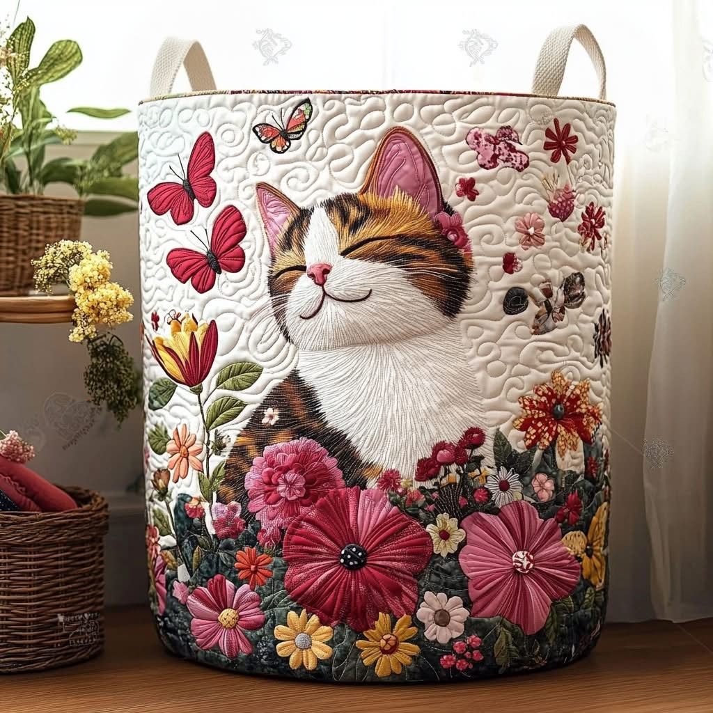 Cat And Floral Quilted Laundry Basket Cute Kitten Storage Basket Best Gifts For Cat Lovers - Tradiviet