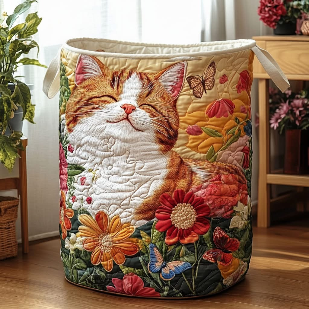 Cat Blossom Nap Serenade Quilted Laundry Basket Laundry Room Decor Gifts Ideas For Cat Lovers - Tradiviet