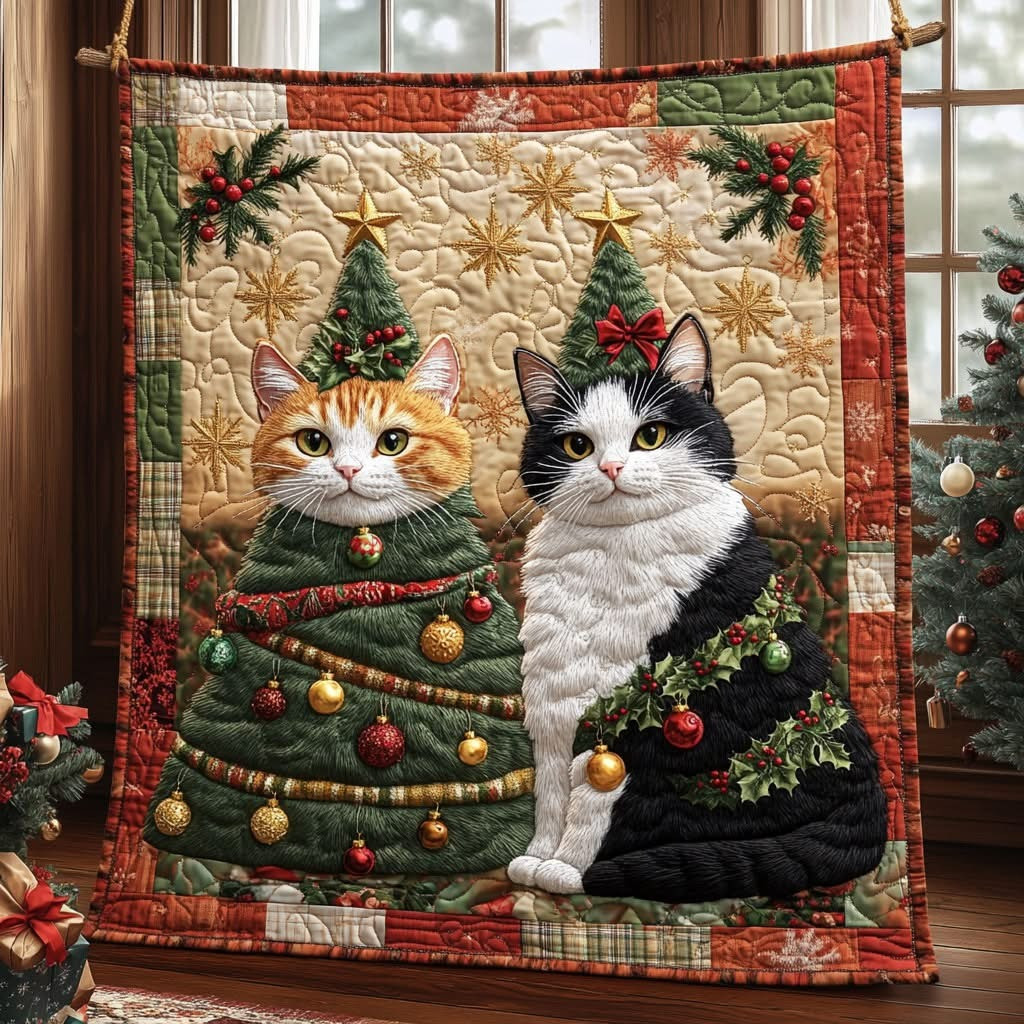 Cat Christmas Tree Quilted Blanket Funny Present Ideas For People Who Love Cat Xmas - Tradiviet