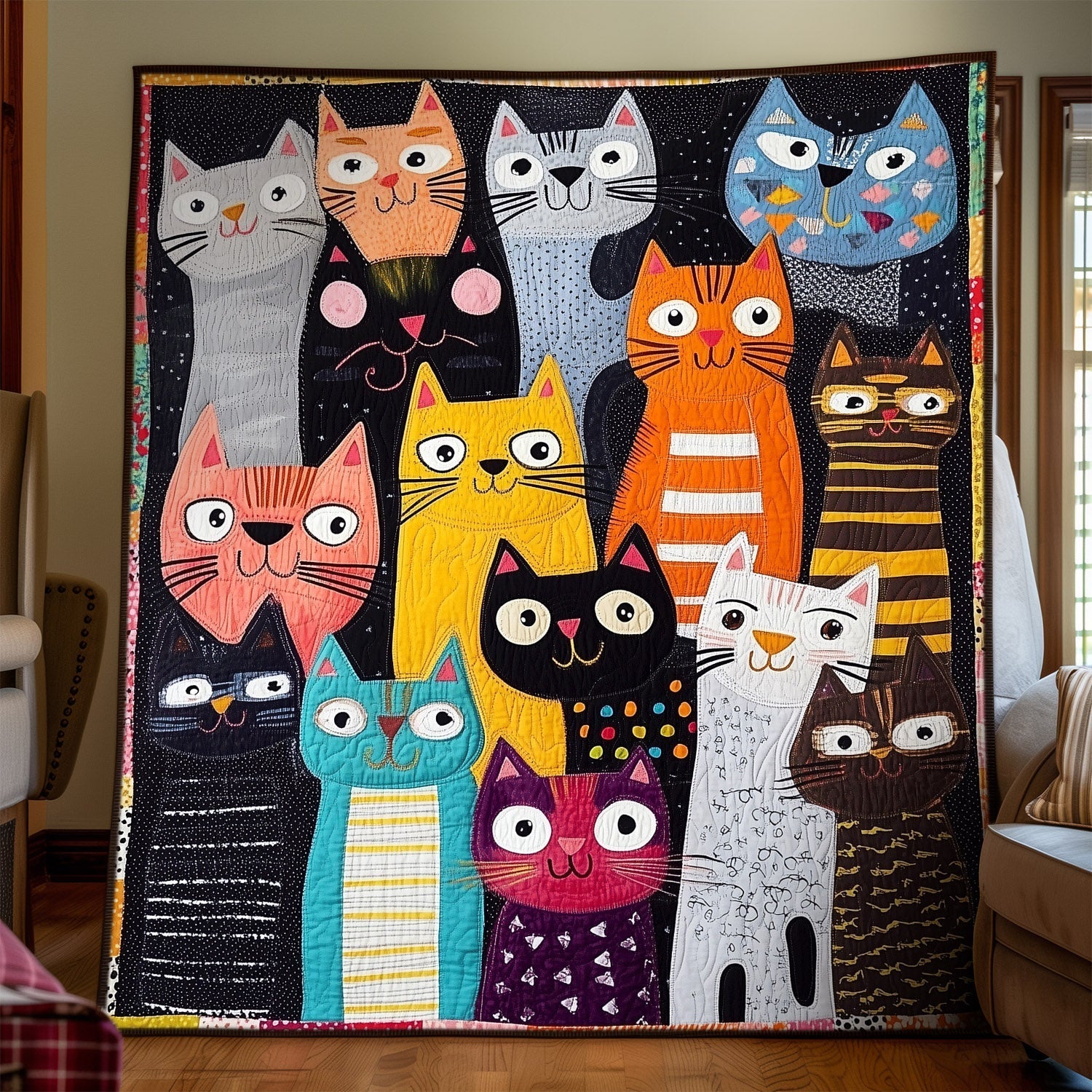 Cat Crazy Patchwork Quilted Blanket America's 250 Birthday Gift For Porch Decor - Tradiviet