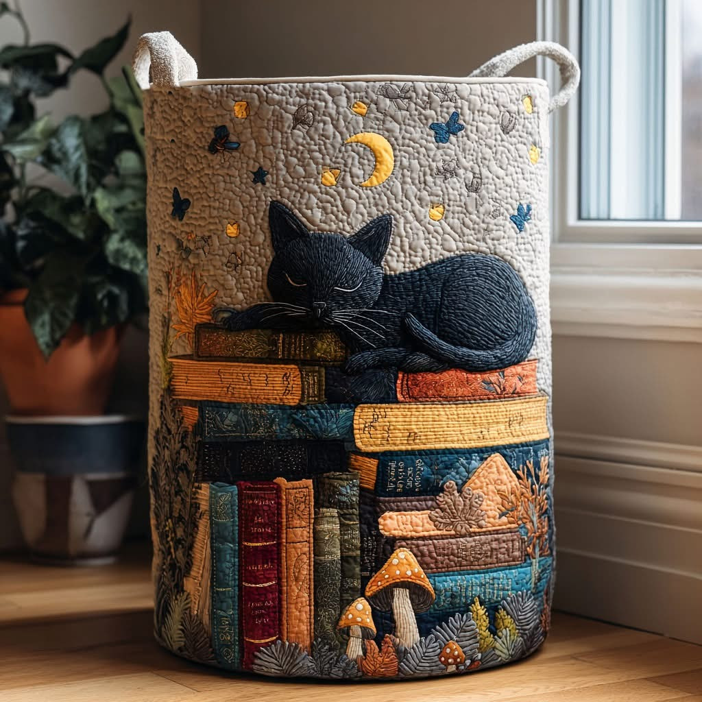 Cat Dreams Quilted Laundry Basket Cute Animal Hamper Basket Gift Ideas For Book Lovers - Tradiviet