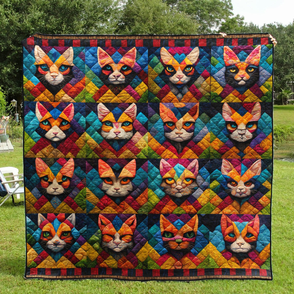 Cat Face Vibrant Art Quilted Blanket Colorful Geometric Throw Blanket Gifts For Cat Lovers - Tradiviet
