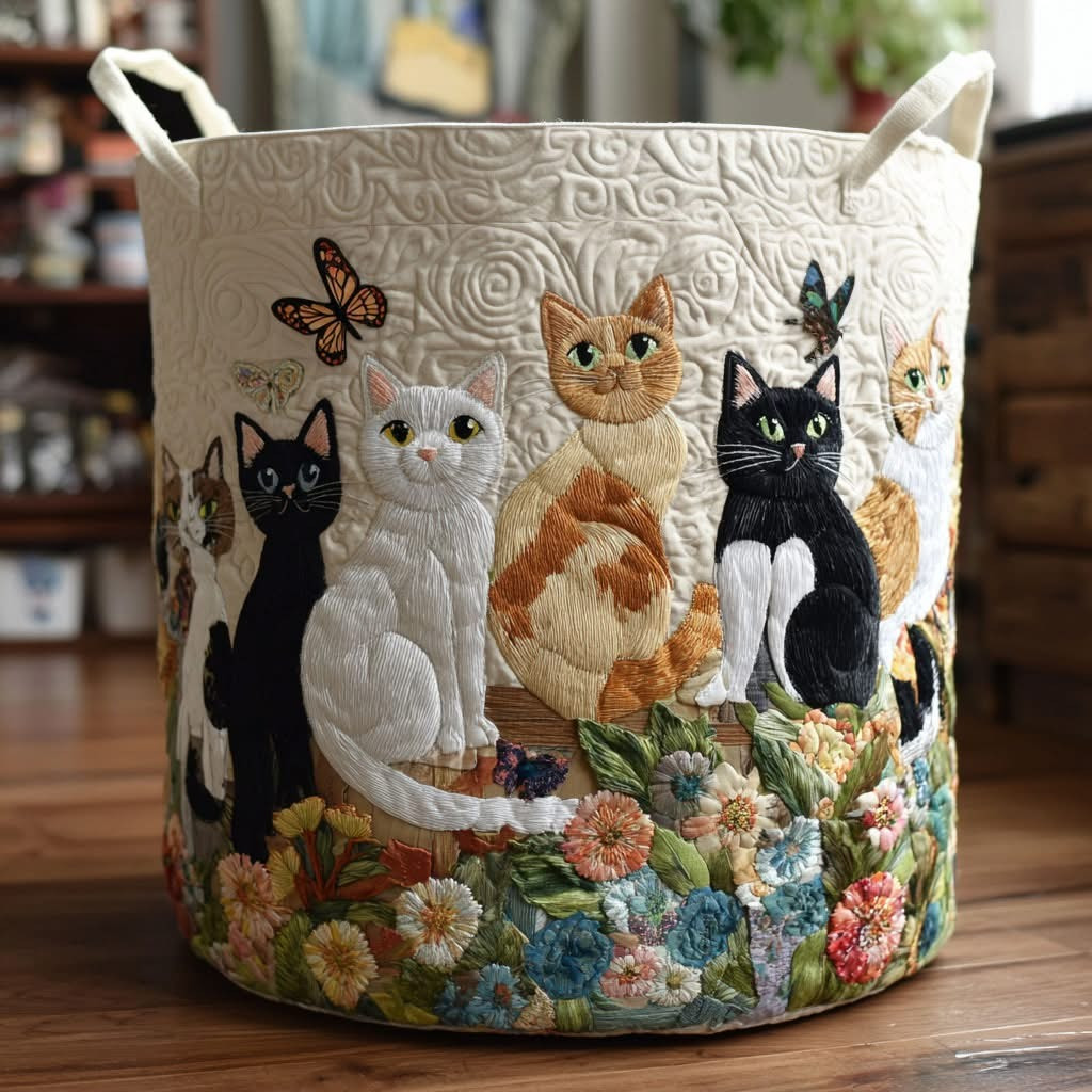 Cat Floral Quilted Laundry Basket Cute Animal Laundry Hamper Present For Cat Lovers - Tradiviet