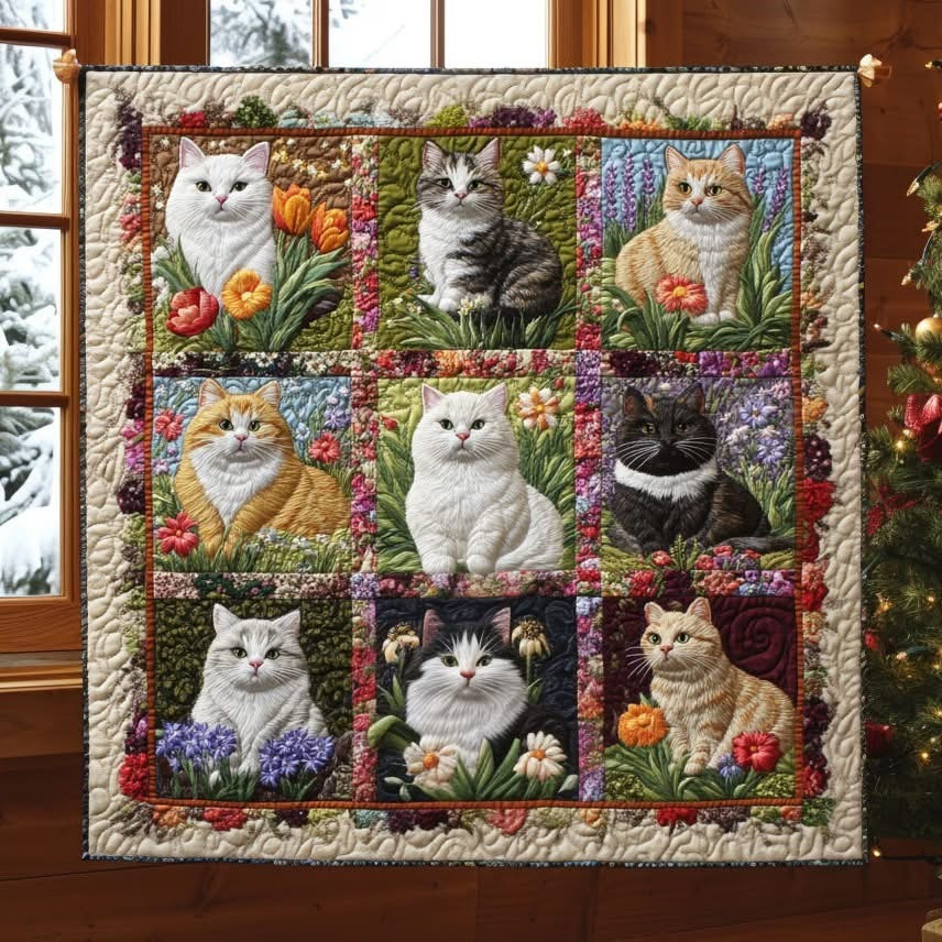Cat Flower Quilted Blanket Christmas Beauty Present Items For Cat Owners - Tradiviet