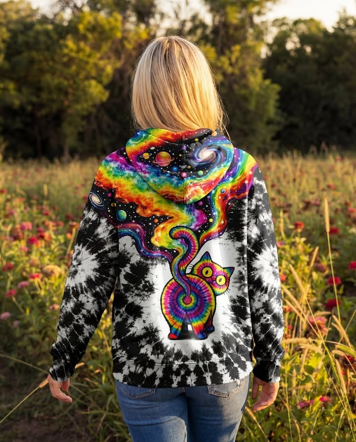 Cat Galaxy Tie Dye Hoodie Cute Animal Apparel Groovy Clothing Cat Lovers Gifts For Her - Tradiviet - Image 2
