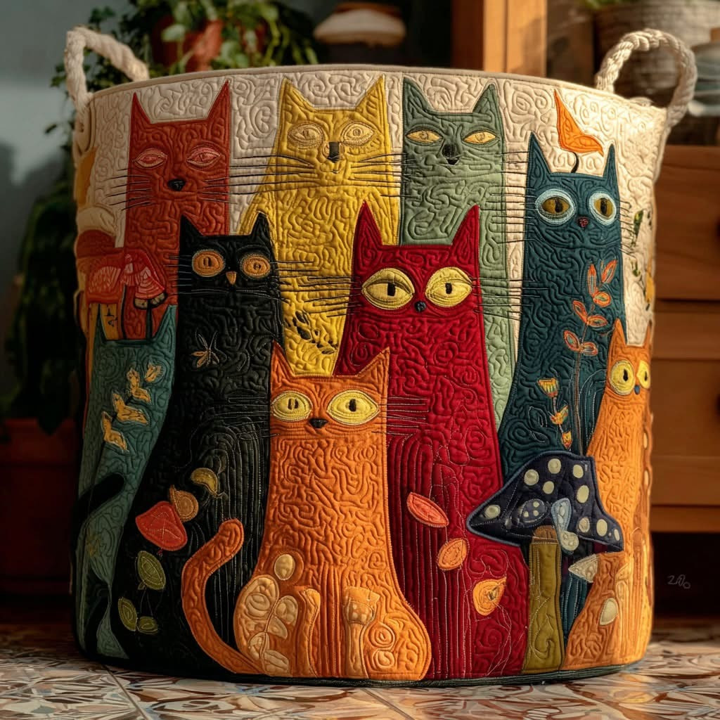 Cat Gathering Quilted Laundry Basket Whimsical Animal Laundry Hamper Gifts For Cat Lovers - Tradiviet