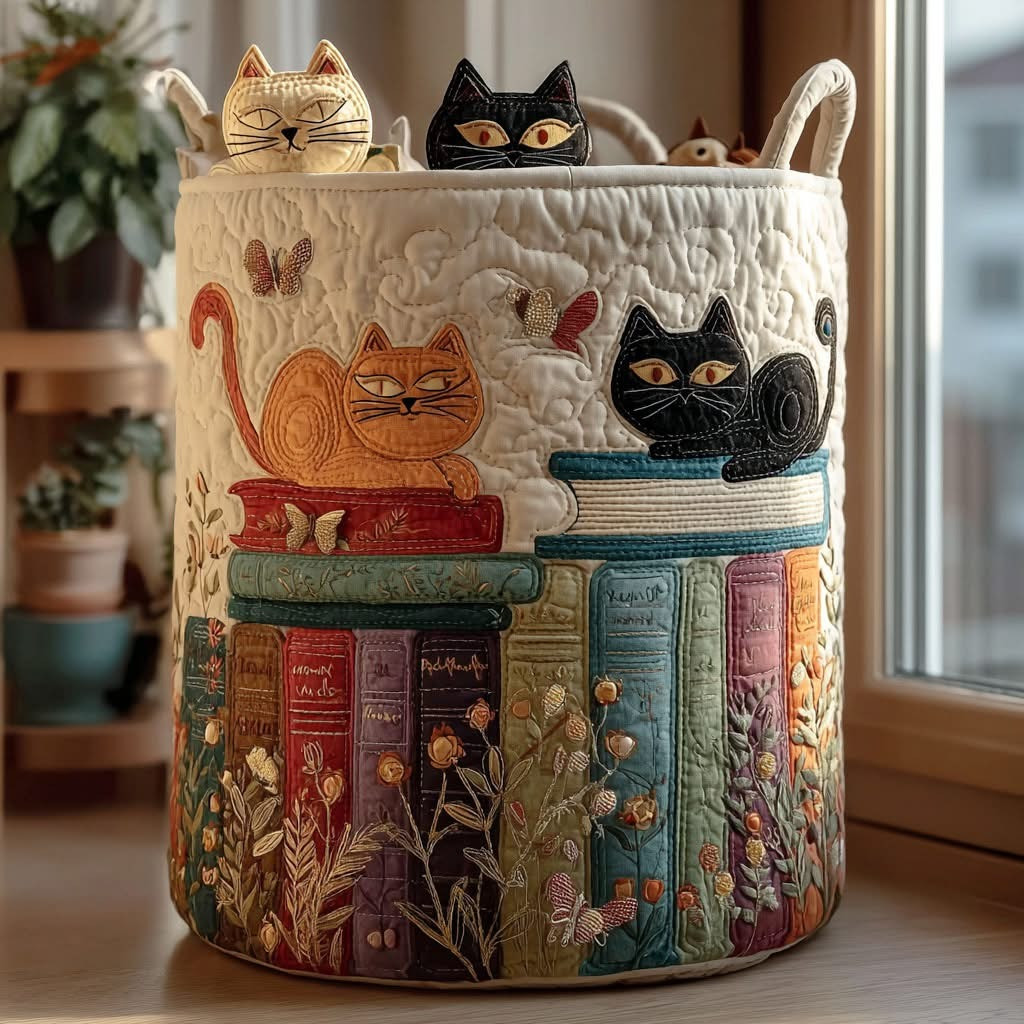 Cat Parade Quilted Laundry Basket Laundry Hamper Gifts For Cat Book Lovers - Tradiviet
