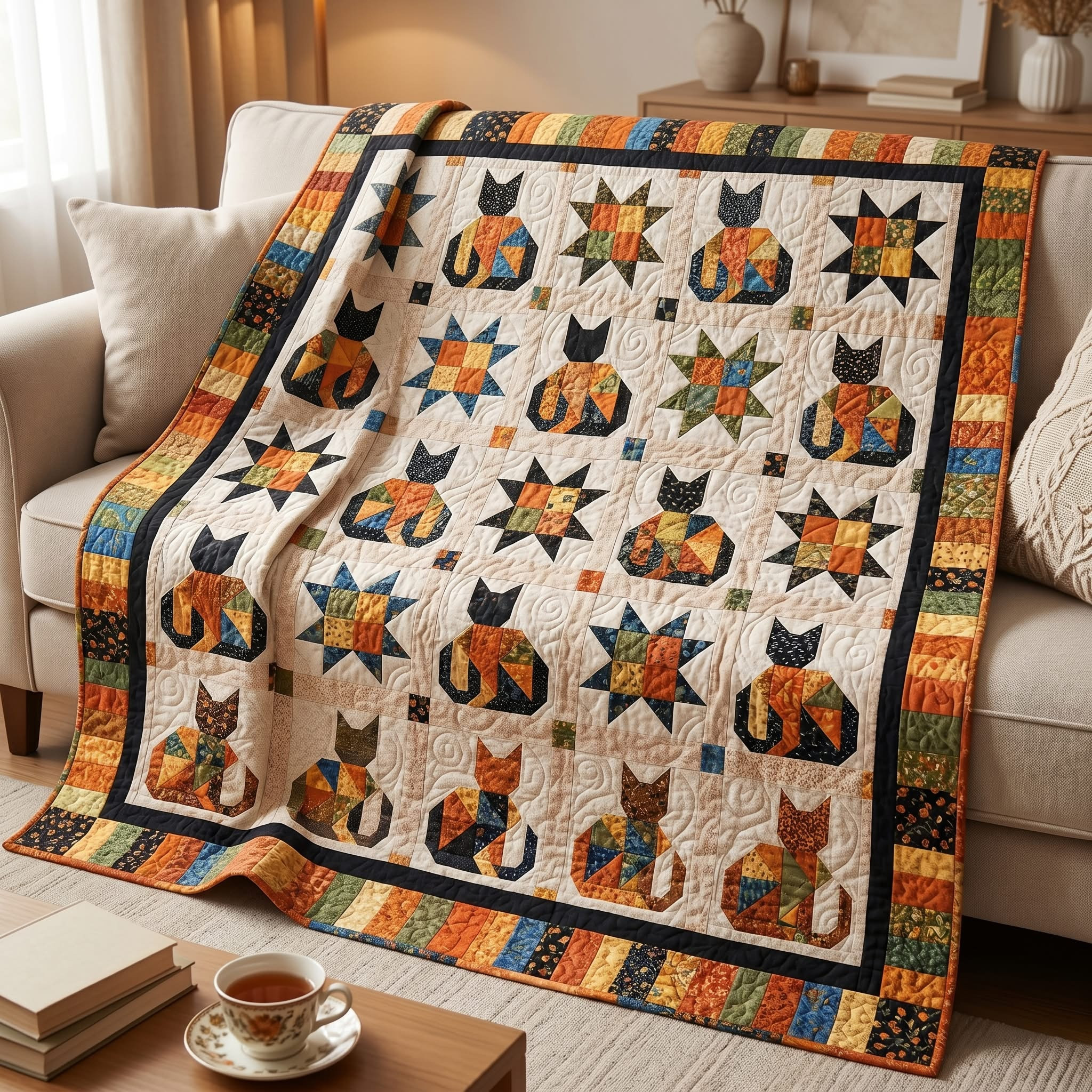 Cat Patchwork Quilted Blanket Bedroom Decor Merch Gift For Cat Lovers - Tradiviet