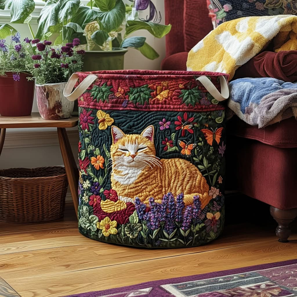 Cat Paws In The Wildflowers Quilted Laundry Basket Fabric Clothes Hamper Gifts For Cat Lovers - Tradiviet