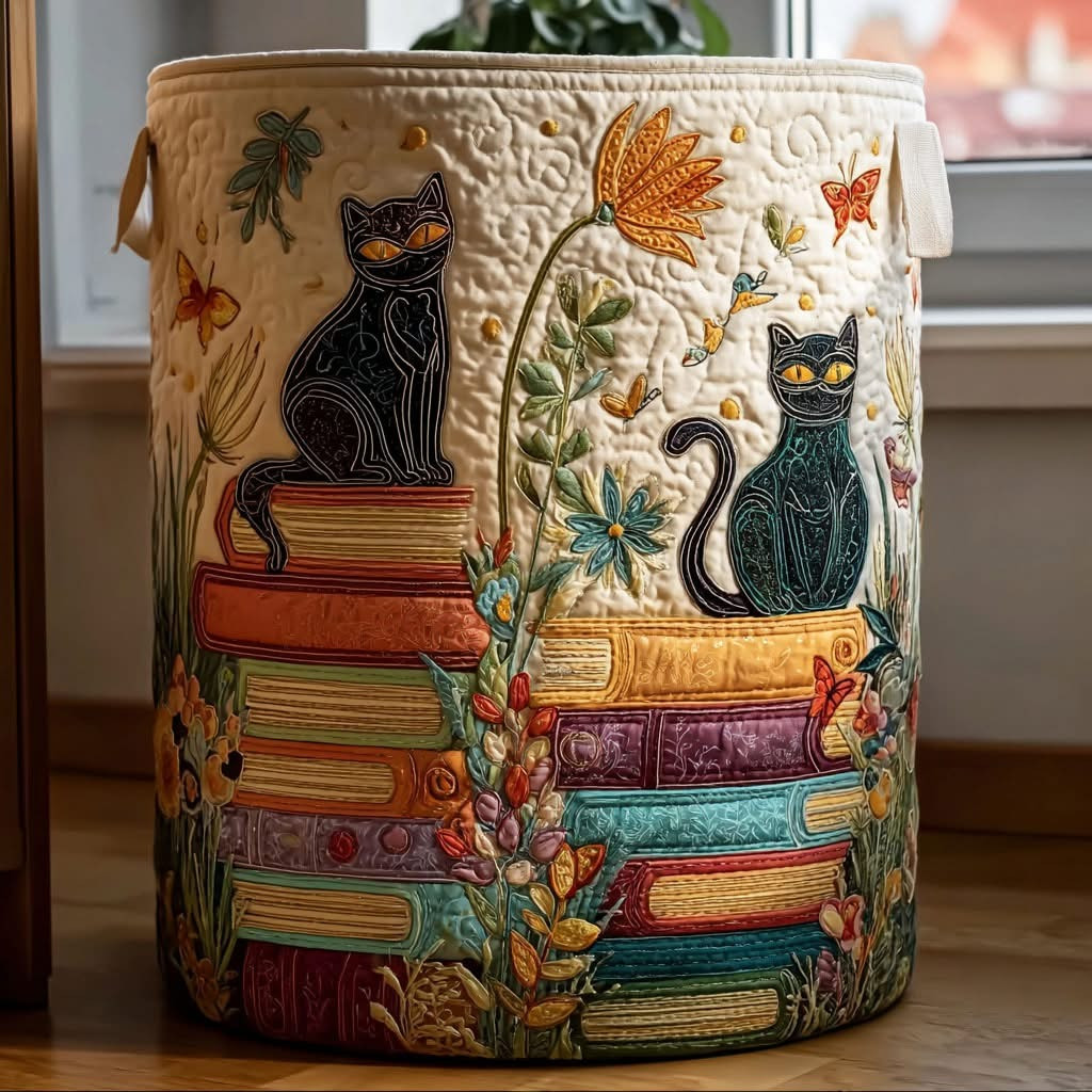 Cat Paws Page And Petals Quilted Laundry Basket Laundry Hamper Gifts For Book Lovers - Tradiviet