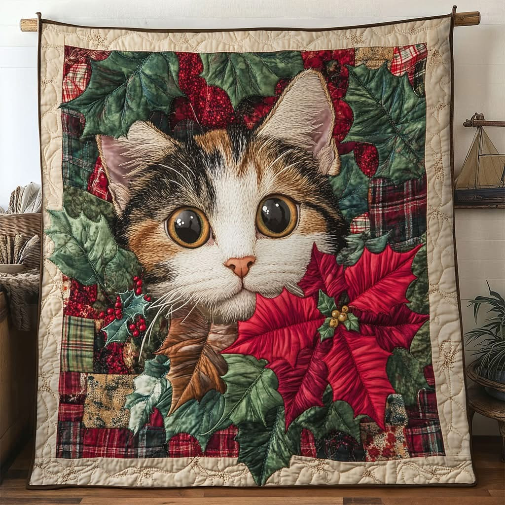 Cat Poinsettia Christmas Quilt Blanket Cute Holiday Xmas Cat Themed Christmas Presents - Tradiviet