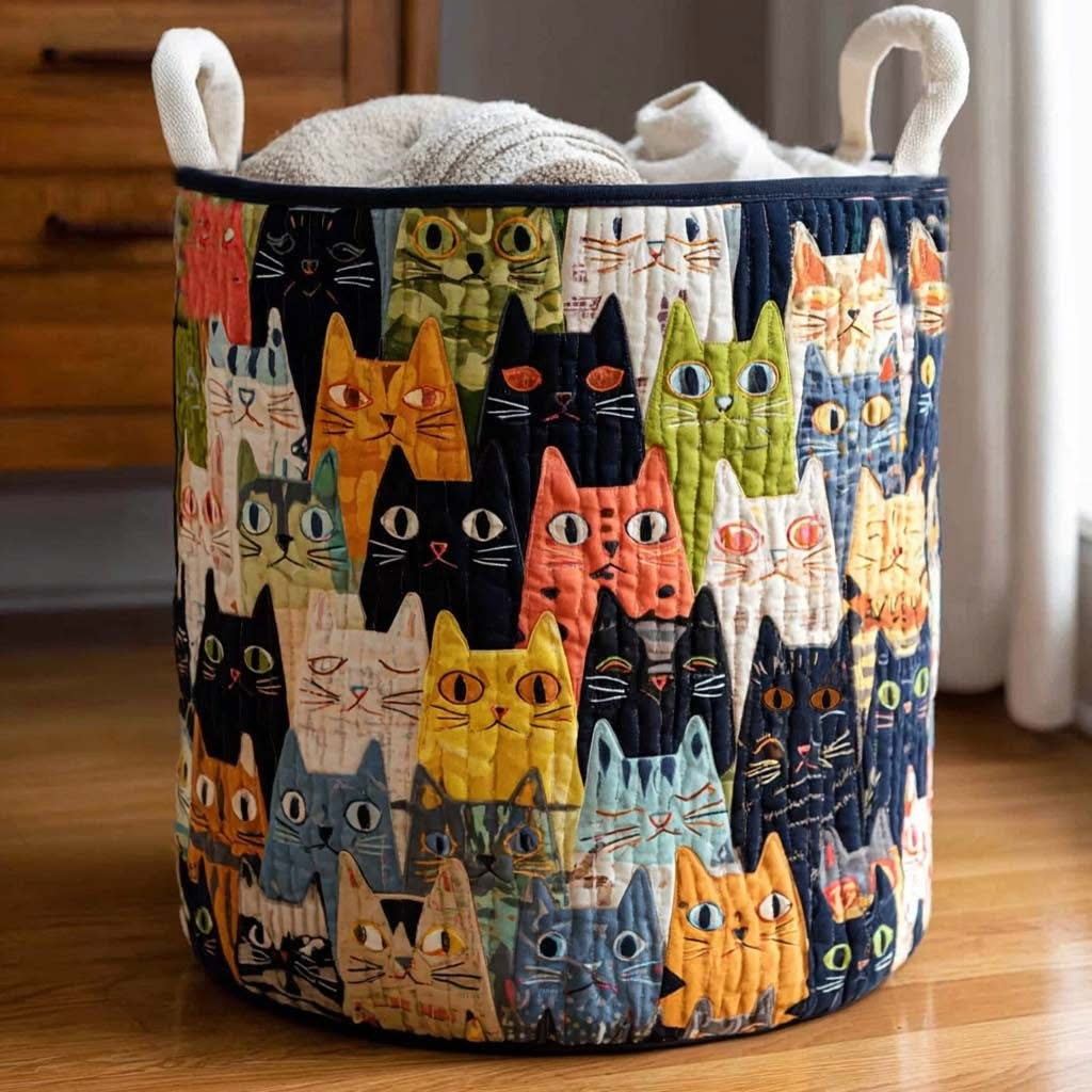 Cat Purr Squad Quilted Laundry Basket Cute Animal Hamper Basket Gift Ideas For Cat People - Tradiviet