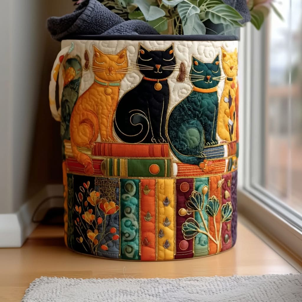 Cat Purring Meadow Quilted Laundry Basket Colorful Clothes Basket Gifts For Cat Lovers - Tradiviet