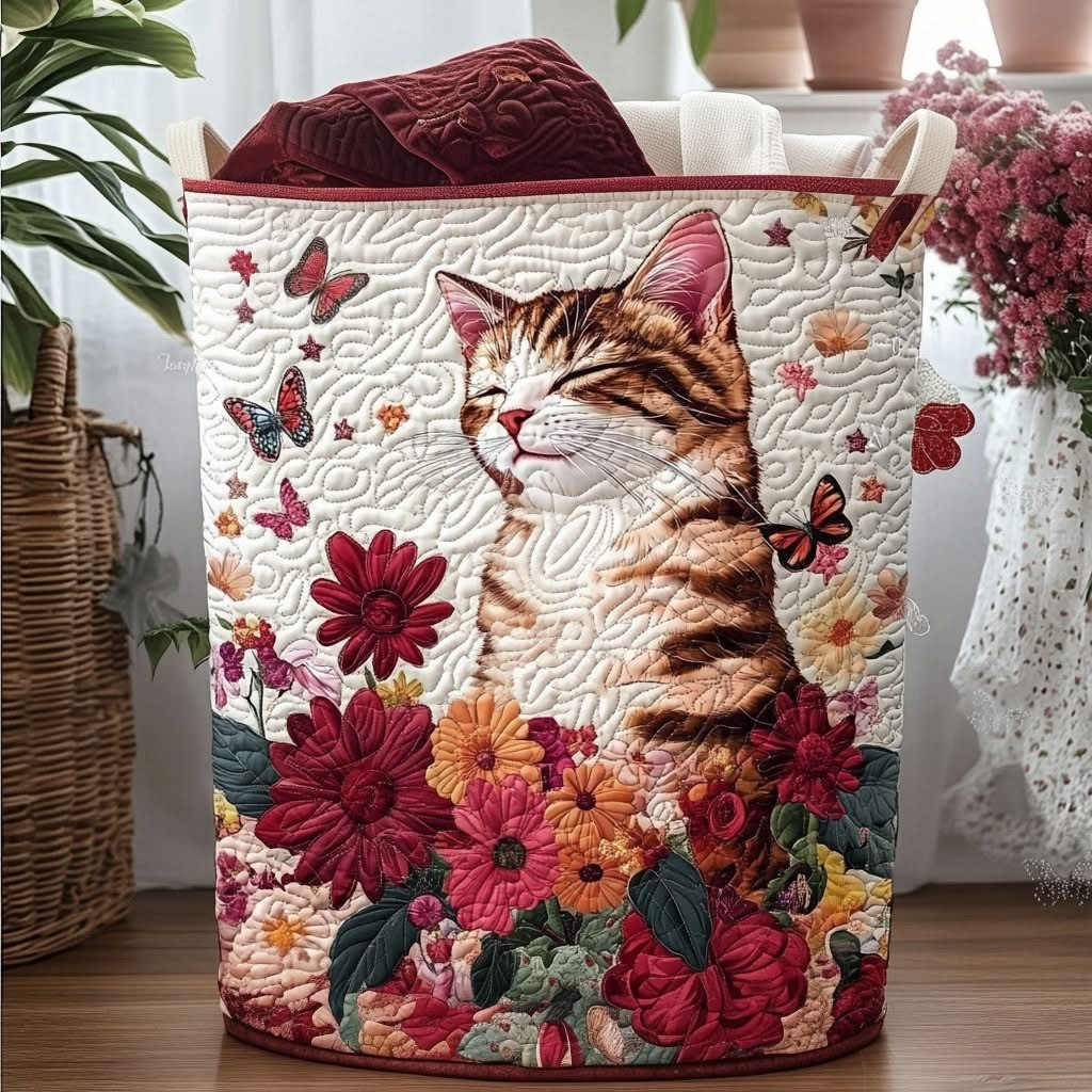 Cat Quiet Joy Among Flowers Quilted Laundry Basket Cute Laundry Baskets Gifts For Cat Lovers - Tradiviet