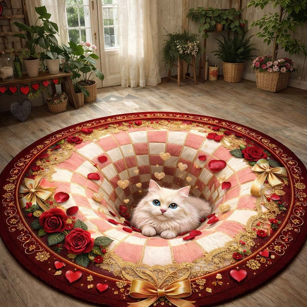 Cat Romantic Heart Vortex Quilted Round Mat Valentine Day Home Decor Gifts For Cat Lovers - Tradiviet