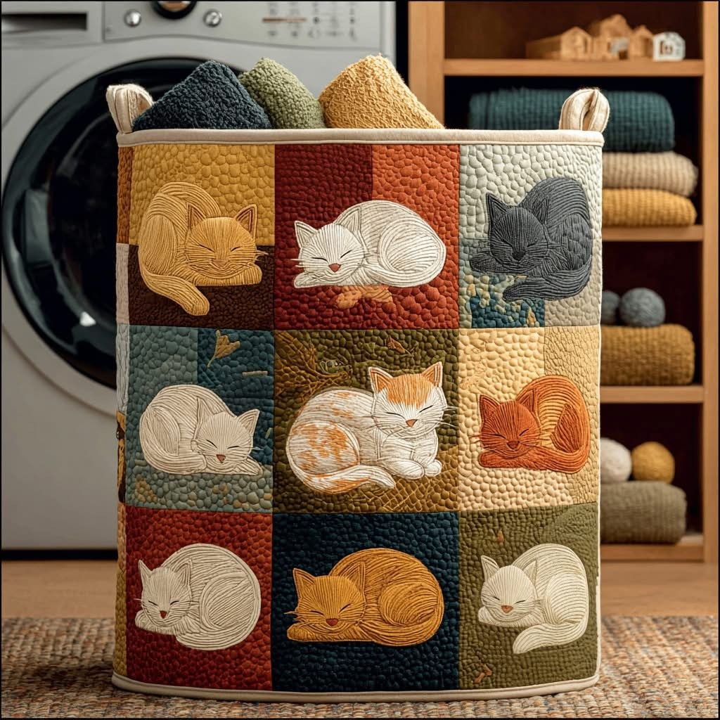 Cat Sleeping Quilted Laundry Basket Cute Animal Laundry Basket Gifts Ideas For Cat Lovers - Tradiviet