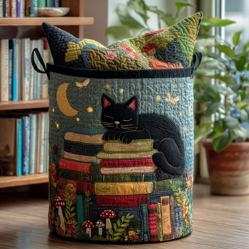 Cat Starlit Bookland Quilted Laundry Basket Cute Animal Hamper Basket Great Book Themed Gifts - Tradiviet