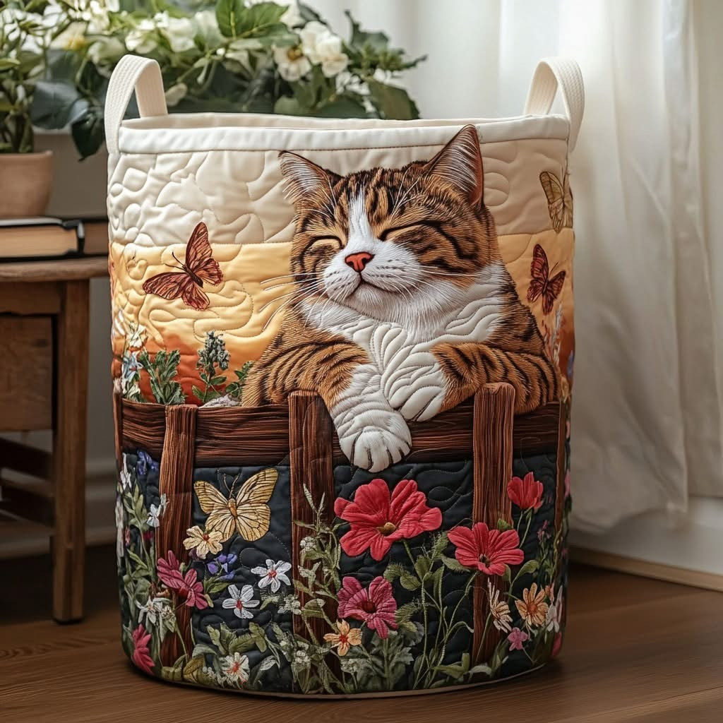 Cat Sunlit Meadow Muse Quilted Laundry Basket Laundry Hamper Present Ideas For Cat Lovers - Tradiviet