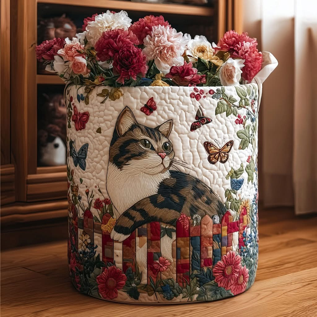 Cat Whispers In Bloom Quilted Laundry Basket Cute Kitten Storage Basket Gifts For Cat Lovers - Tradiviet