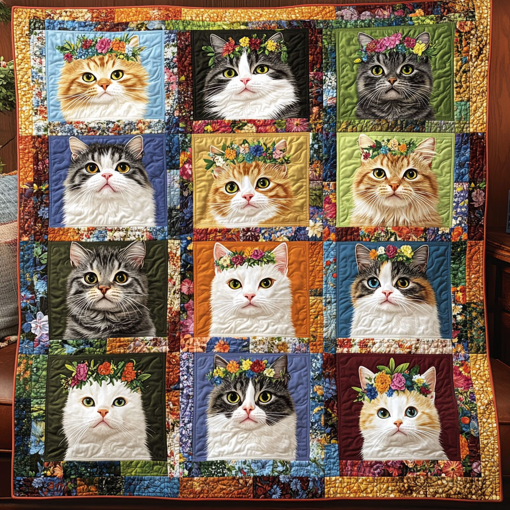 Cats with Blossoms Quilted Blanket Bed Room Decoration Gift For Living Room - Tradiviet