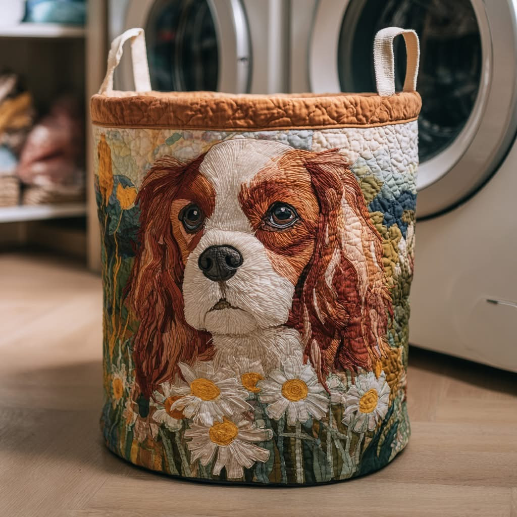 Cavalier Meadow Muse Quilted Laundry Basket Cute Animal Hamper Basket Gifts For Dog Lovers - Tradiviet