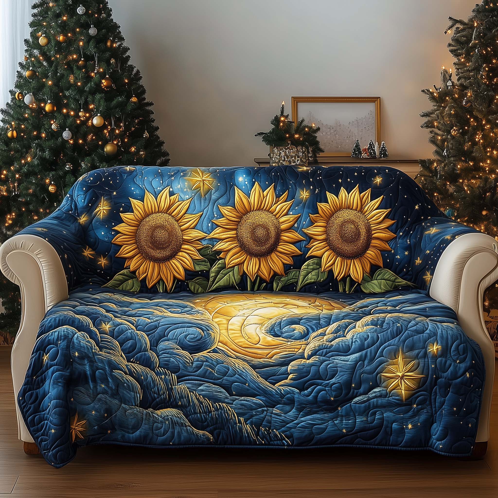 Celestial Bloom Quilted Sofa Cover Floral Home Couch Cover Bear Girlfriend Gift Ideas - Tradiviet