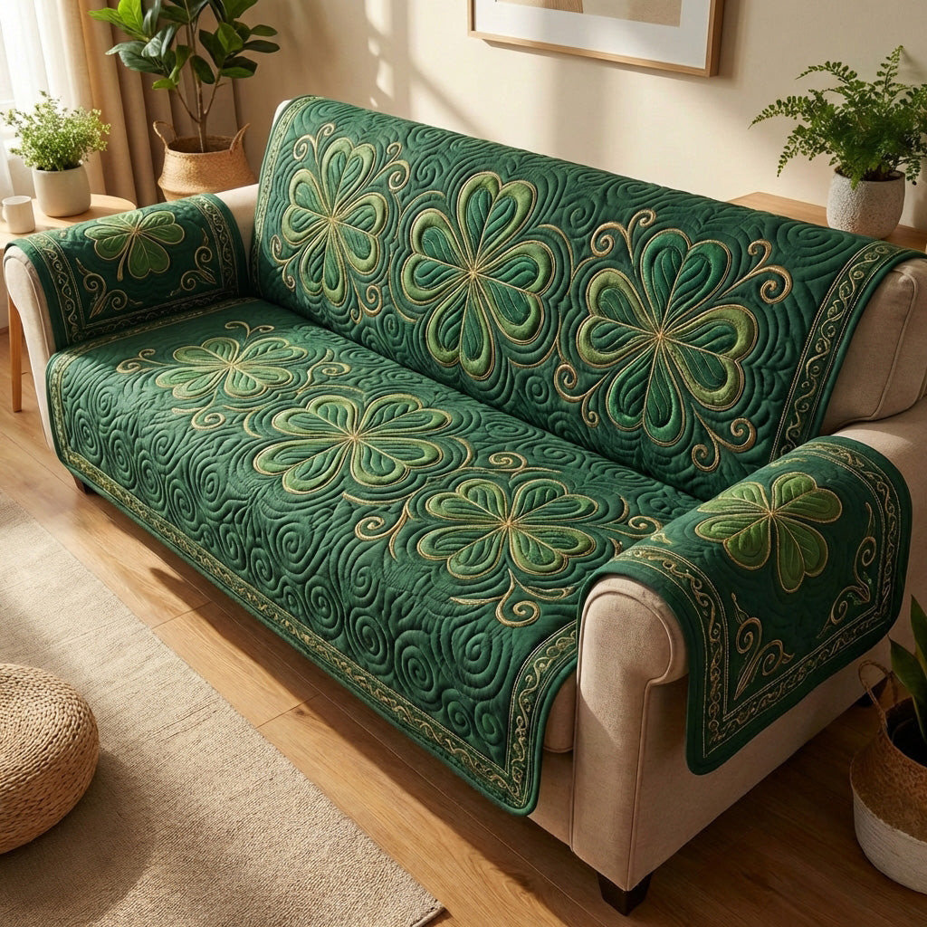 Celtic Clover Meadow Quilted Sofa Cover Sofa Furniture Slip Covers St Patrick's Day Gifts - Tradiviet