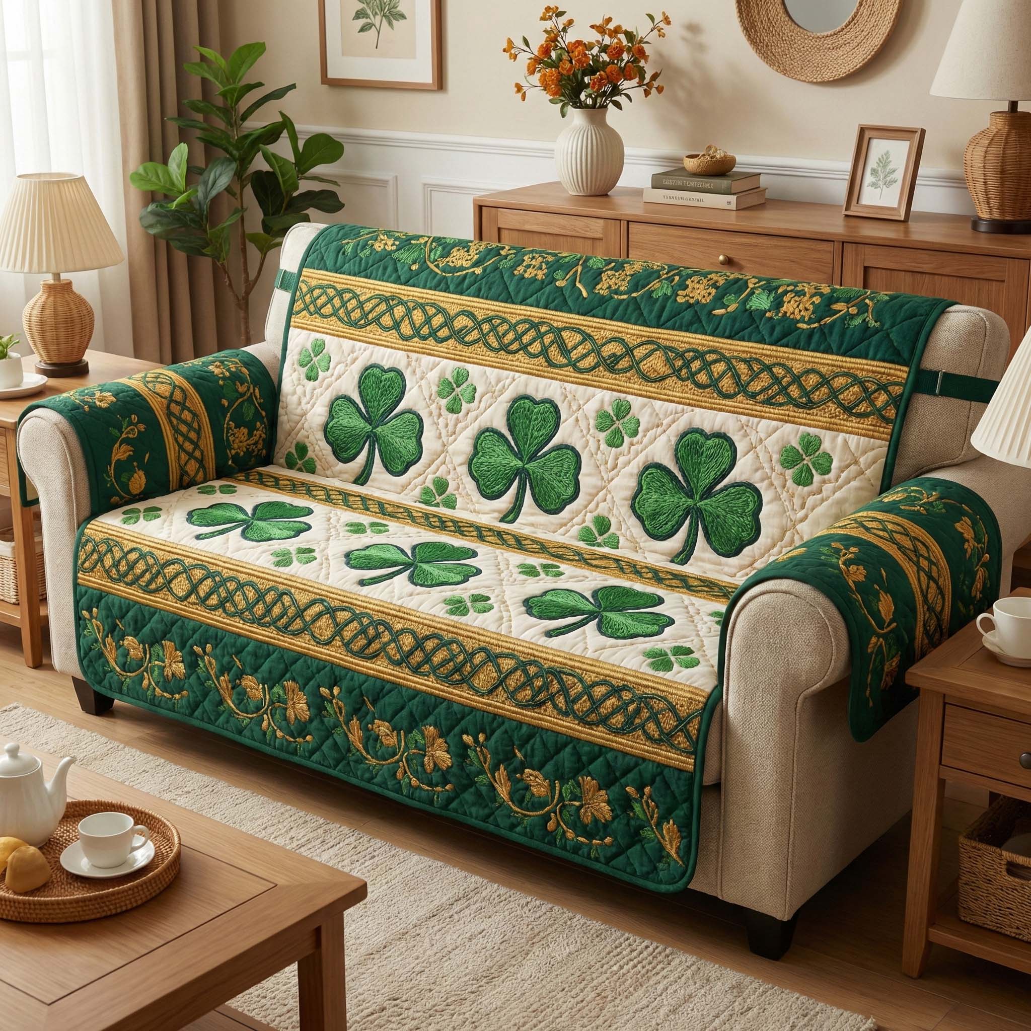 Celtic Clover Quilted Sofa Cover Irish Home Couch Cover Top Home Decor Gifts - Tradiviet