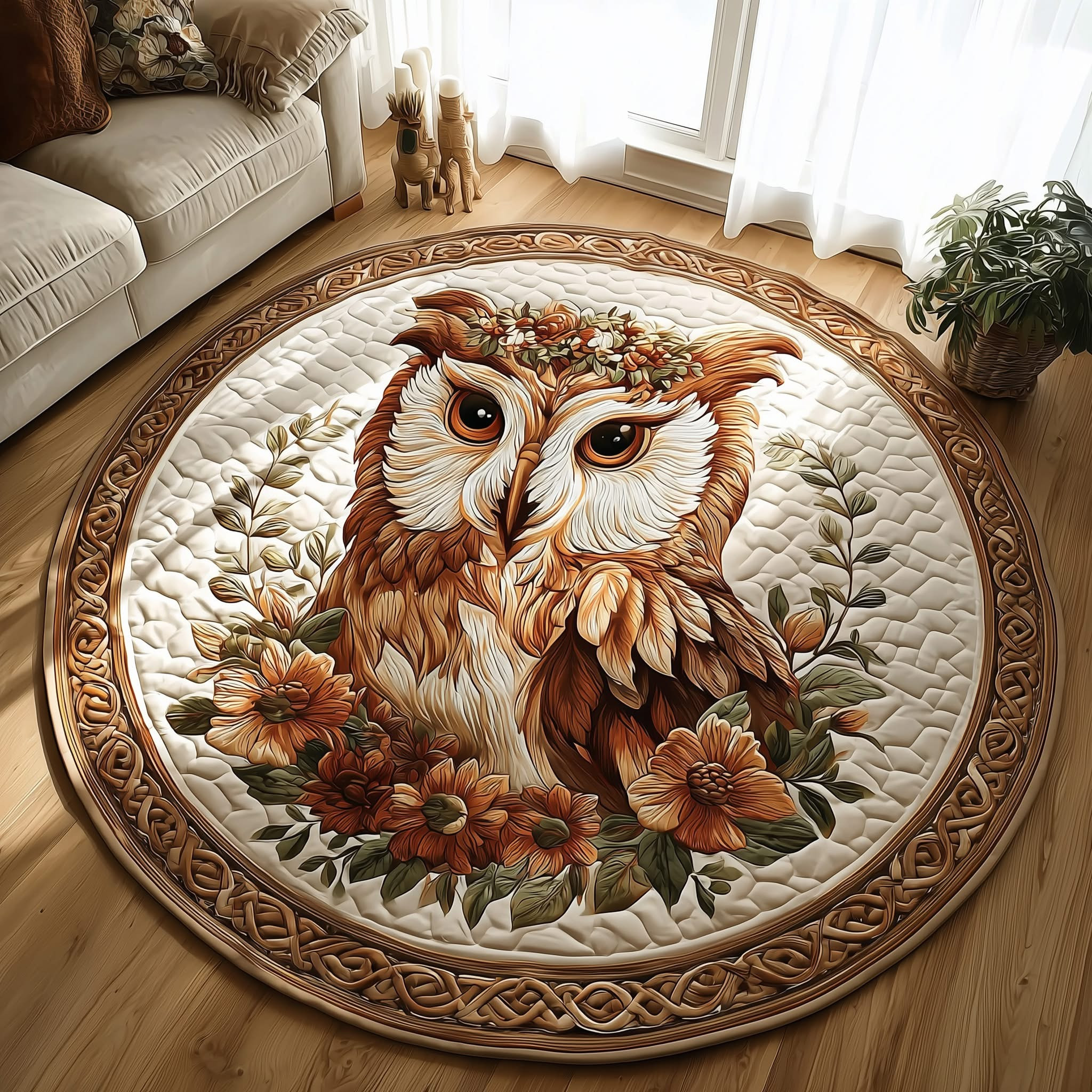 Celtic Owl Quilted Round Mat Floral Bedroom Decor Mat Christmas Gift For Animal Lovers - Tradiviet