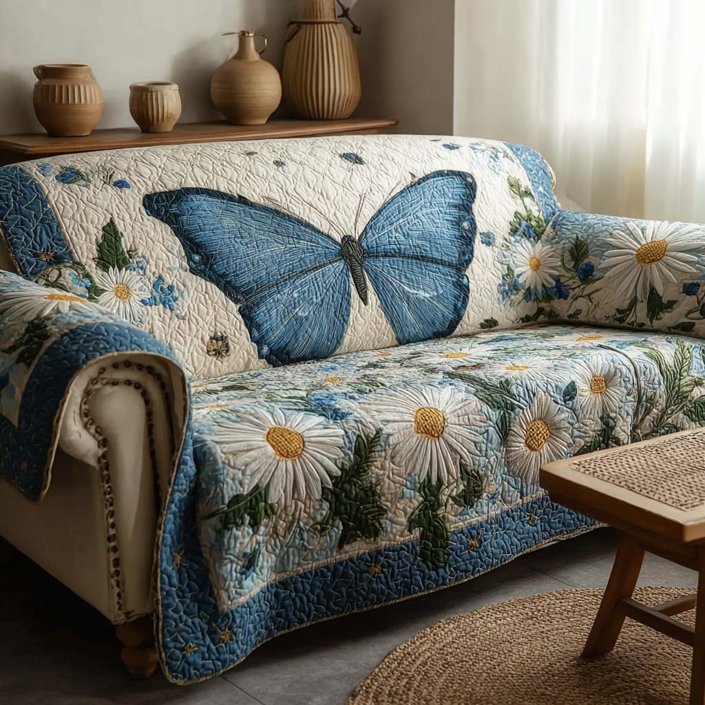 Cerulean Daisy Quilted Sofa Cover Best Slip Cover Sofa Butterfly Gift Ideas Birthday - Tradiviet