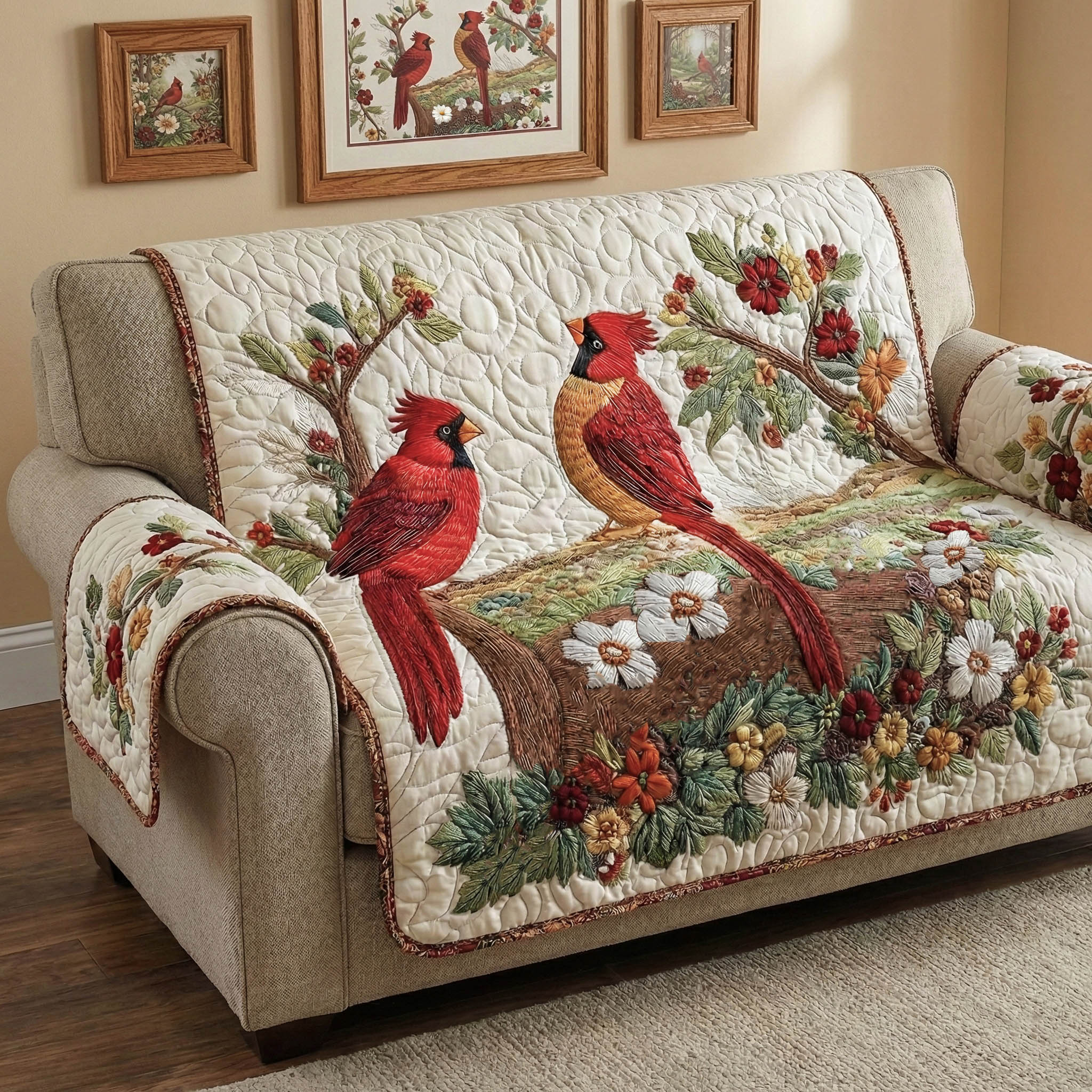 Charming Cardinals Quilted Sofa Cover Bird Home Couch Cover Gift For Room Decor - Tradiviet
