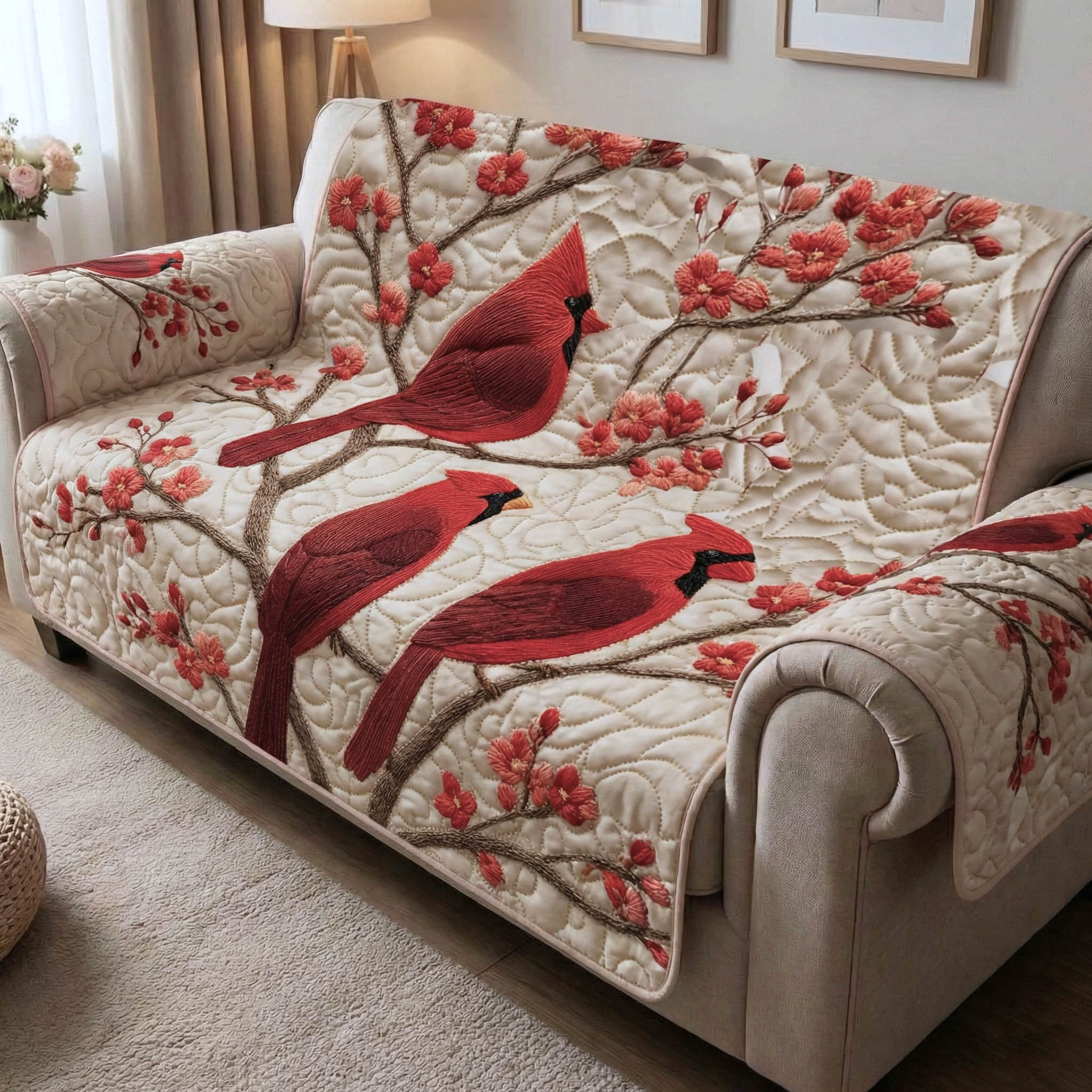 Charming Cardinals Quilted Sofa Cover Bird Home Couch Cover Gifts For Home Decor - Tradiviet