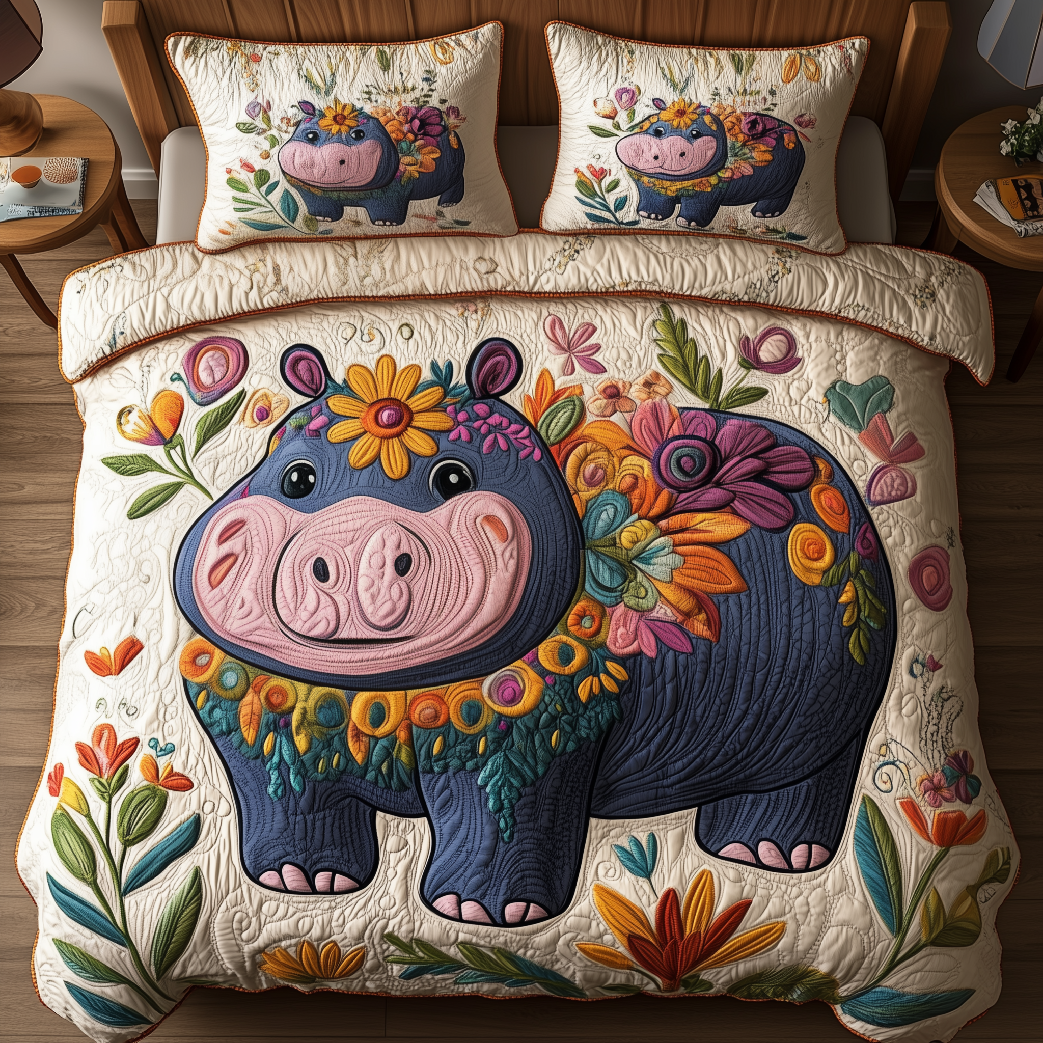 Charming Floral Hippo Quilted Bedding Set Charming Floral Feature Gift For Charming Floral - Tradiviet