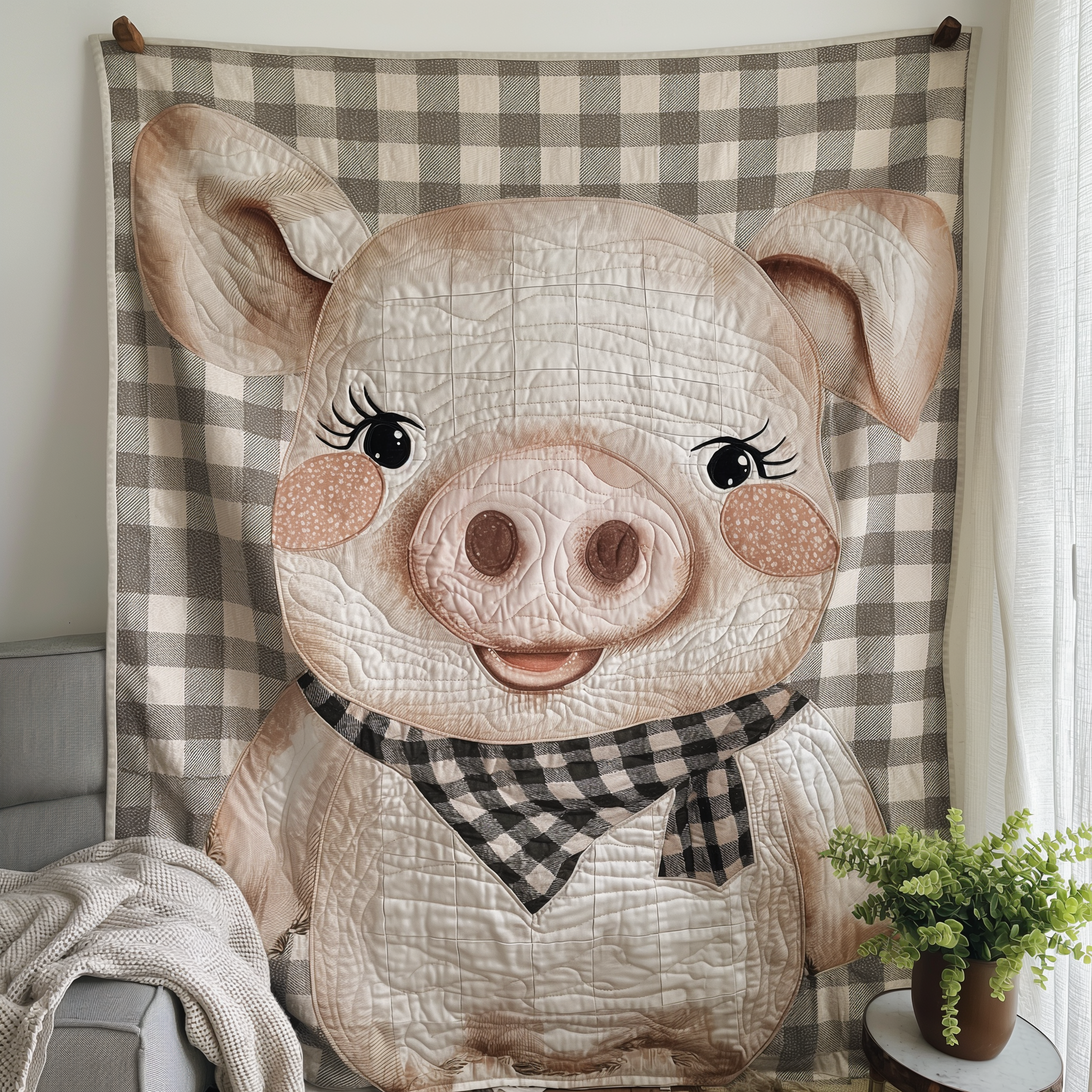 Checkered Scarf Pig Quilted Blanket Semiquincentennial Gift For Veteran Dad - Tradiviet
