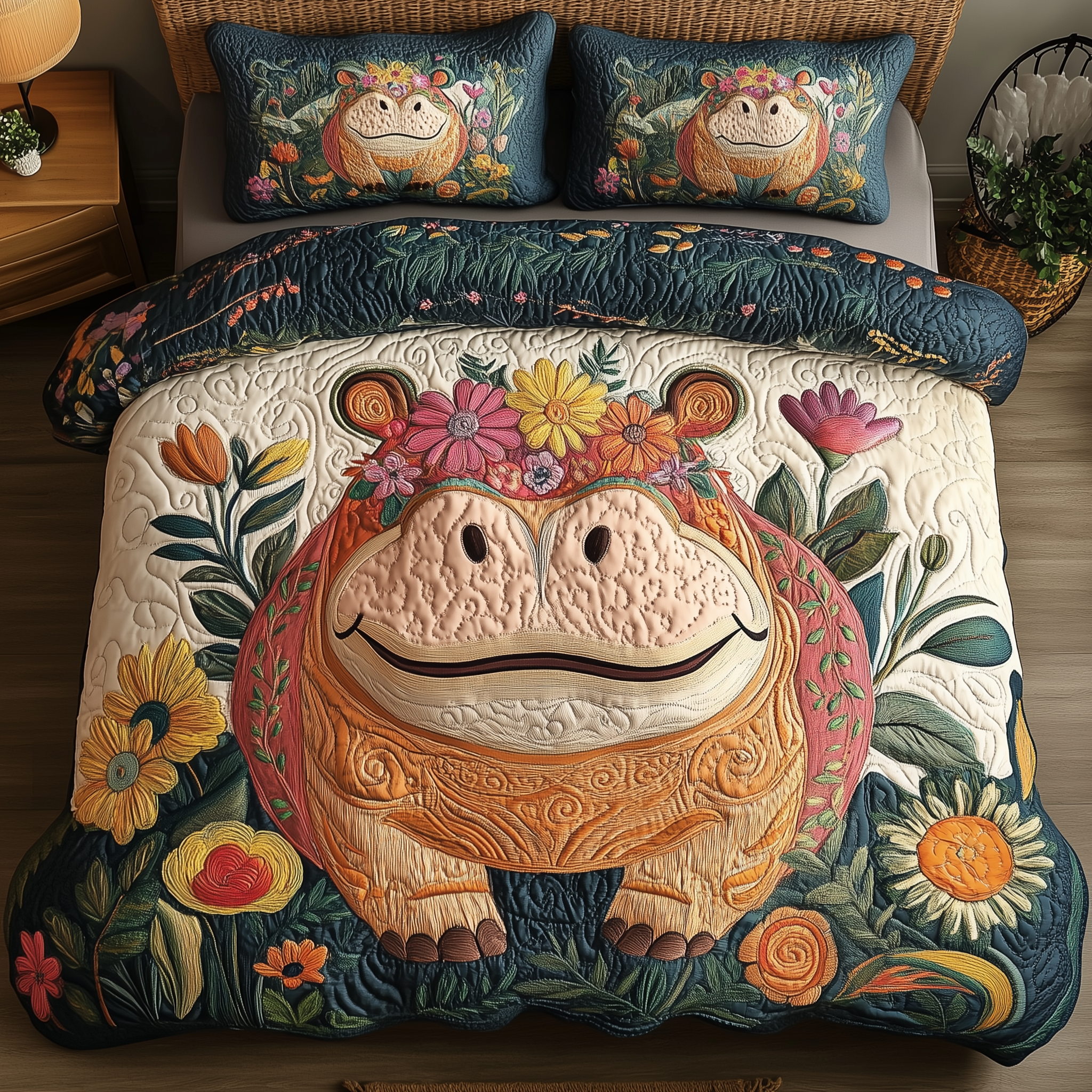 Cheerful Bloom Hippo Quilted Bedding Set Cheerful Bloom Corner Gift For Cheerful Bloom - Tradiviet